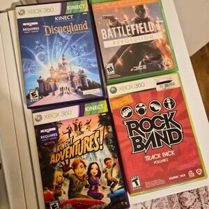 Xbox 360 Bundle 4 games Disneyland Knect Adventures Battlefield Rock Band Kinect